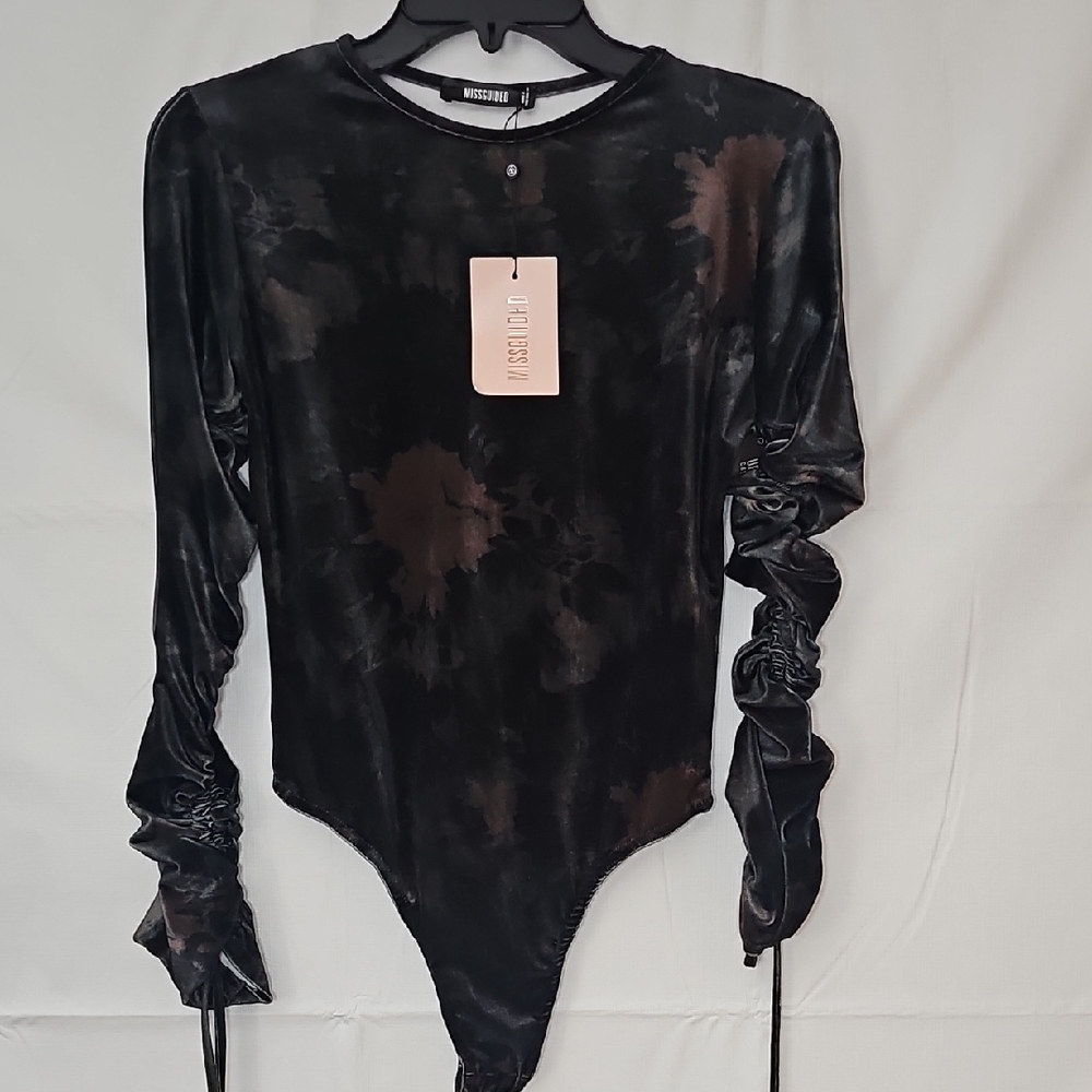 Ruched Sleeve Bodysuit S/M NEW Green+black